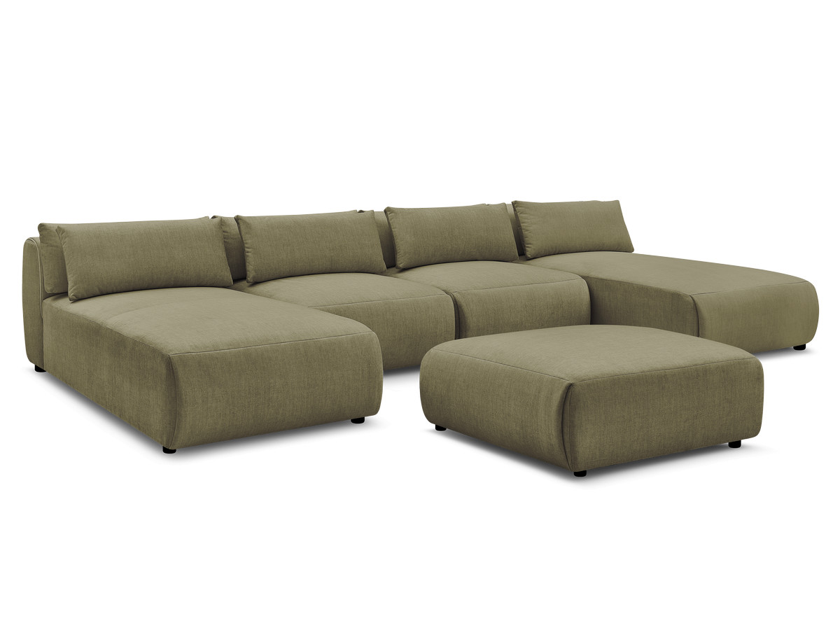 Modulaire vaste panoramabank met hoofdsteunen in JANA fluwelen stof met 2 chaise longues, 2 fauteuils en 1 grote poef