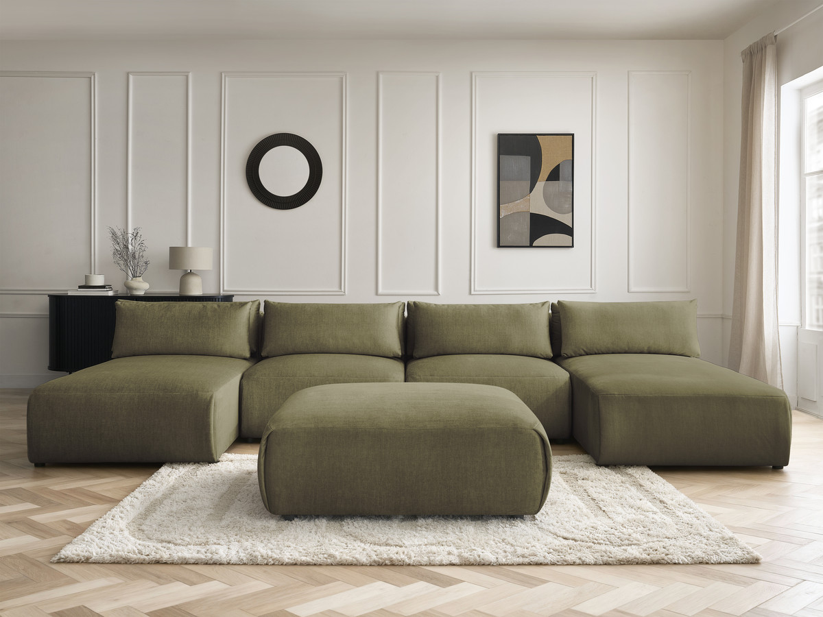 Modulaire vaste panoramabank met hoofdsteunen in JANA fluwelen stof met 2 chaise longues, 2 fauteuils en 1 grote poef