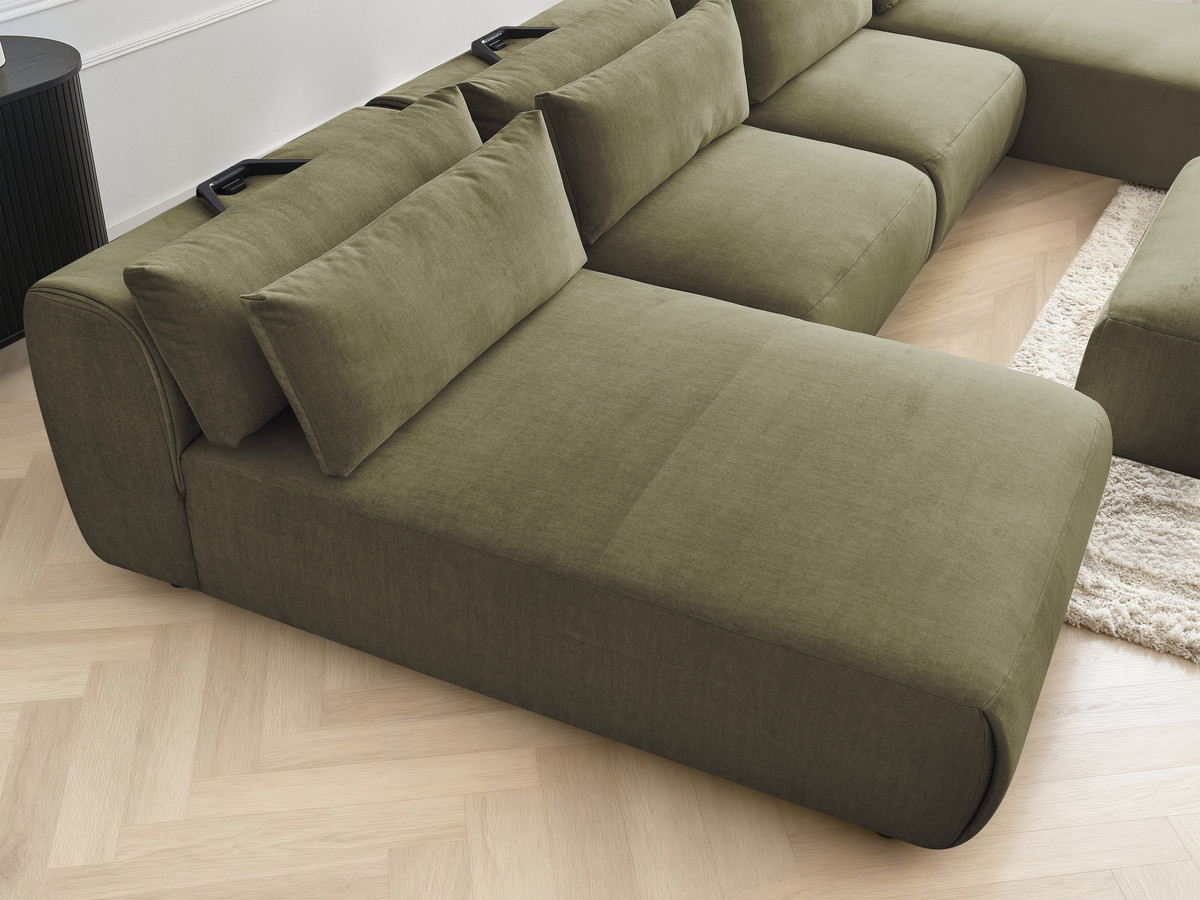 Modulaire vaste panoramabank met hoofdsteunen in JANA fluwelen stof met 2 chaise longues, 2 fauteuils en 1 grote poef