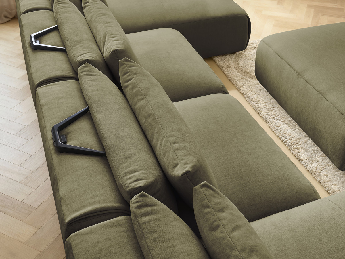 Modulaire vaste panoramabank met hoofdsteunen in JANA fluwelen stof met 2 chaise longues, 2 fauteuils en 1 grote poef