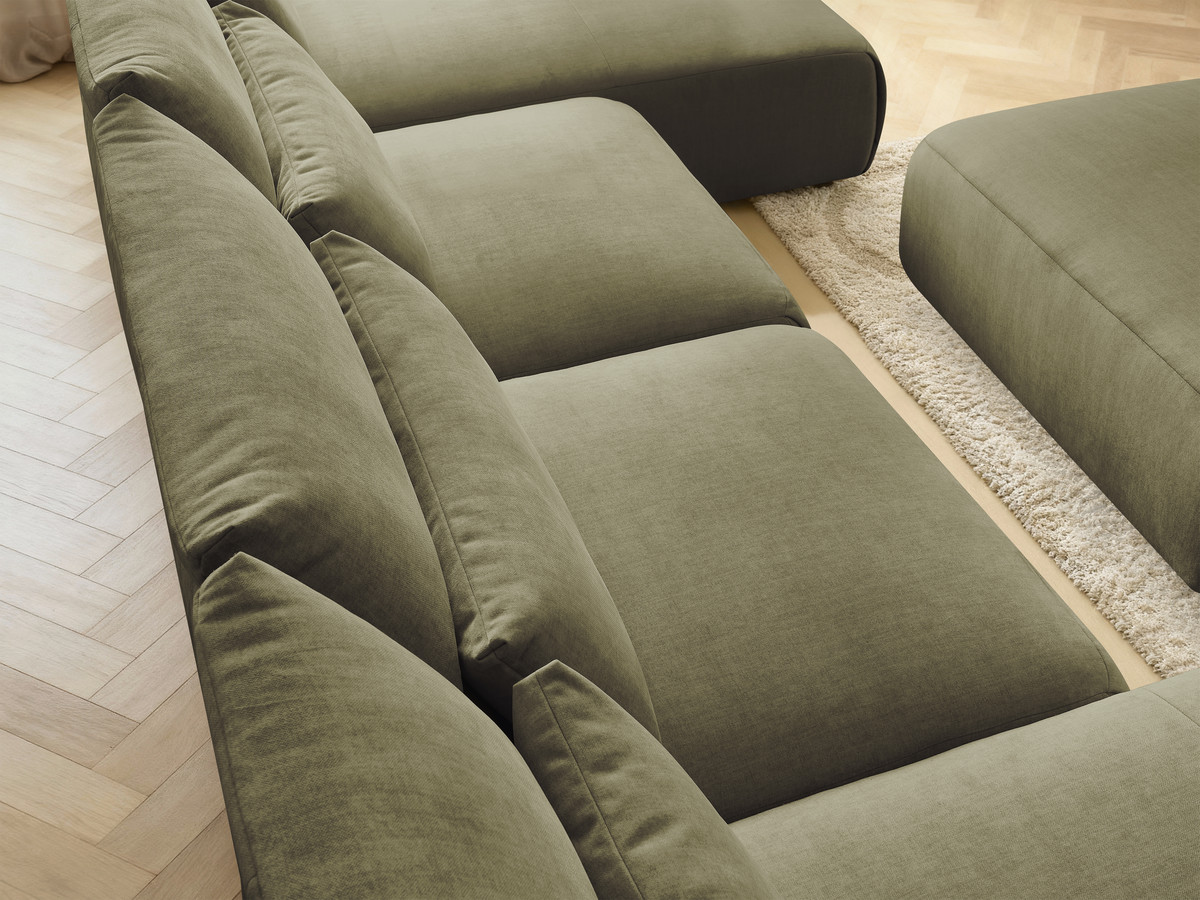 Modulaire vaste panoramabank met hoofdsteunen in JANA fluwelen stof met 2 chaise longues, 2 fauteuils en 1 grote poef