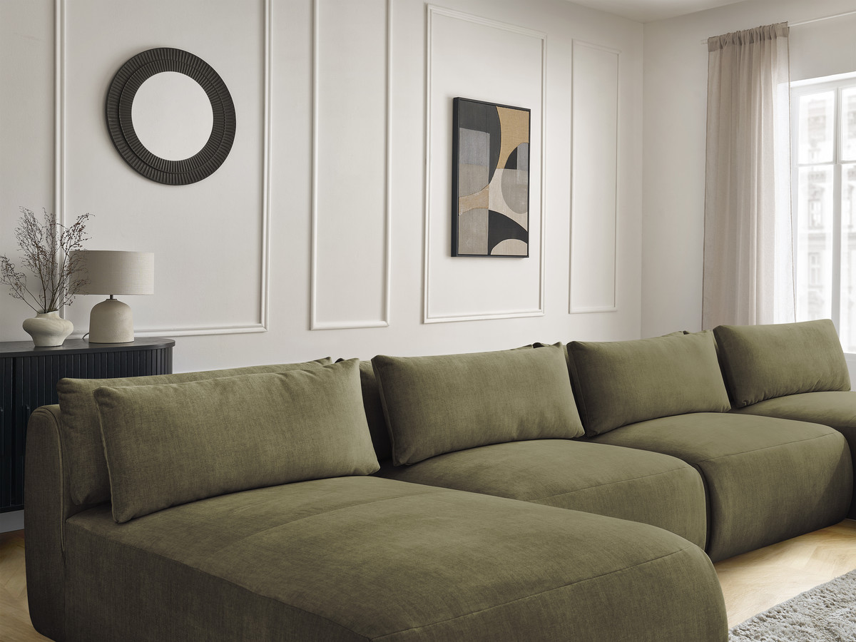 Modulaire vaste panoramabank met hoofdsteunen in JANA fluwelen stof met 2 chaise longues, 2 fauteuils en 1 grote poef