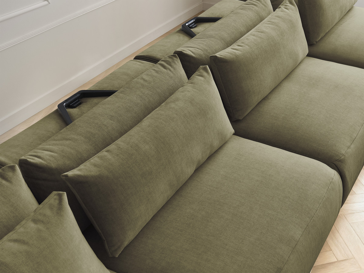 Modulaire vaste panoramabank met hoofdsteunen in JANA fluwelen stof met 2 chaise longues, 2 fauteuils en 1 grote poef