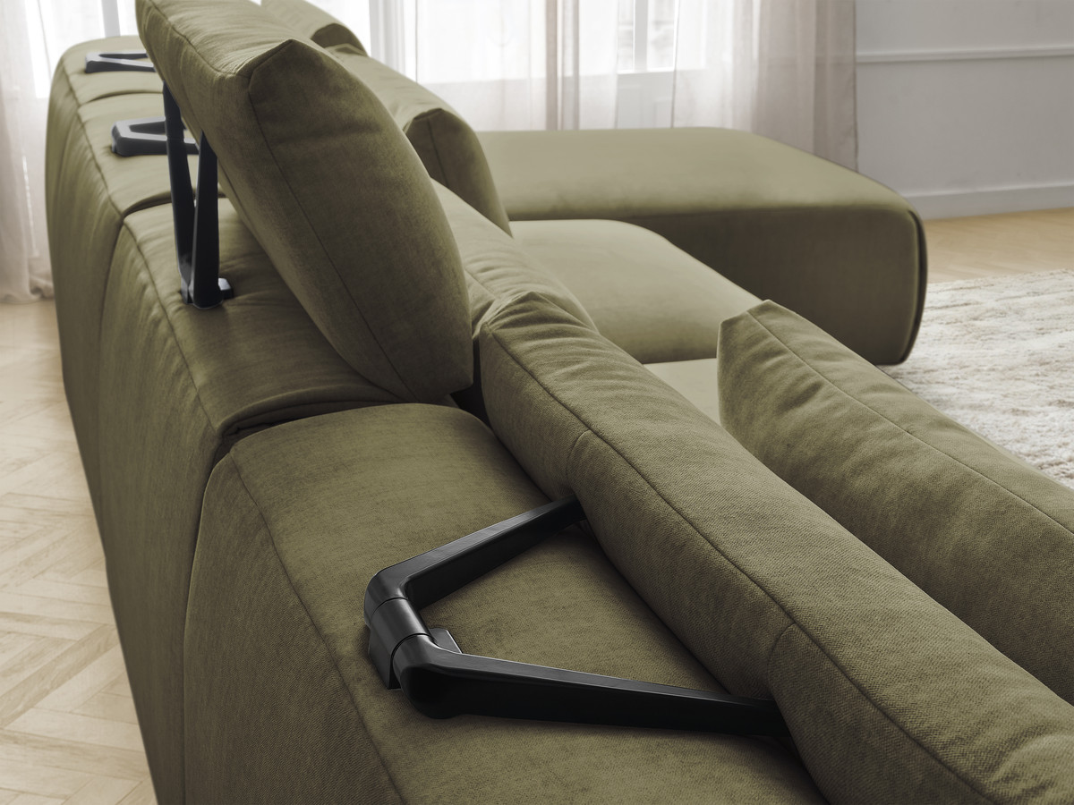 Modulaire vaste panoramabank met hoofdsteunen in JANA fluwelen stof met 2 chaise longues, 2 fauteuils en 1 grote poef