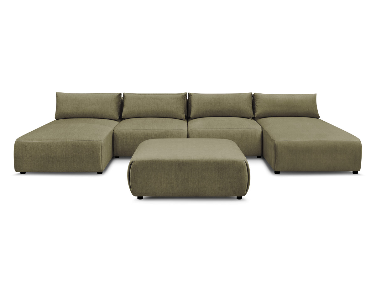 Modulaire vaste panoramabank met hoofdsteunen in JANA fluwelen stof met 2 chaise longues, 2 fauteuils en 1 grote poef