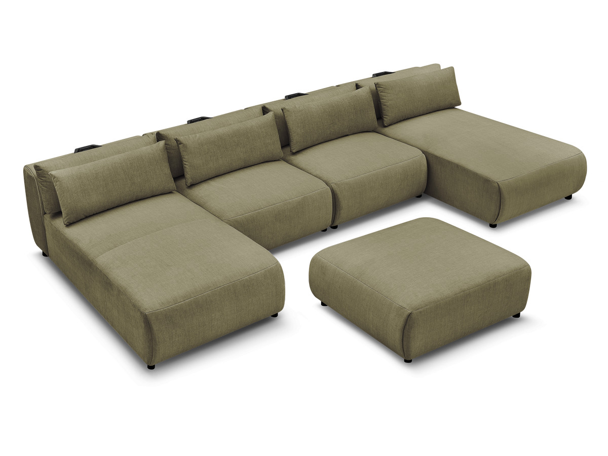 Modulaire vaste panoramabank met hoofdsteunen in JANA fluwelen stof met 2 chaise longues, 2 fauteuils en 1 grote poef