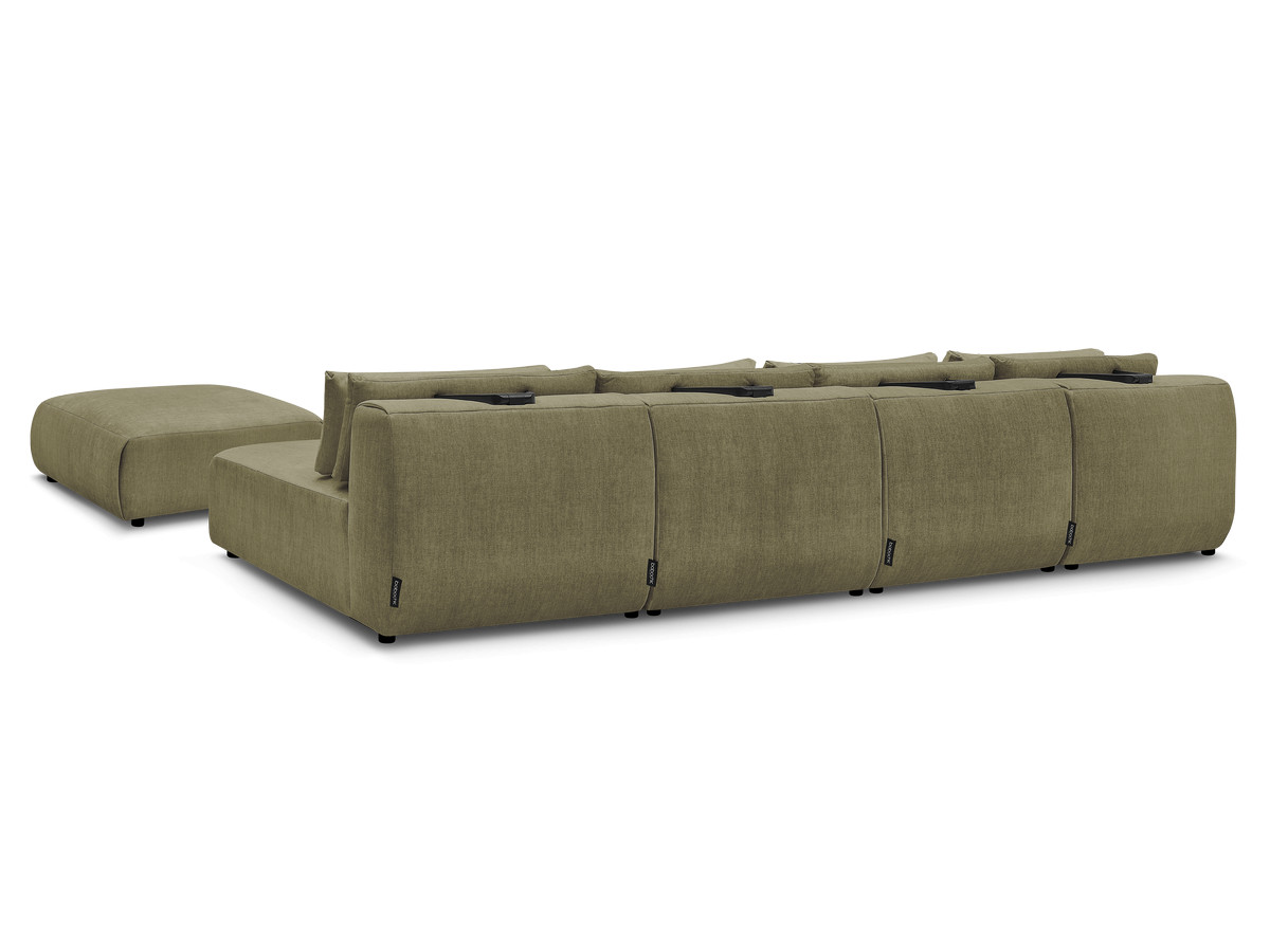 Modulaire vaste panoramabank met hoofdsteunen in JANA fluwelen stof met 2 chaise longues, 2 fauteuils en 1 grote poef