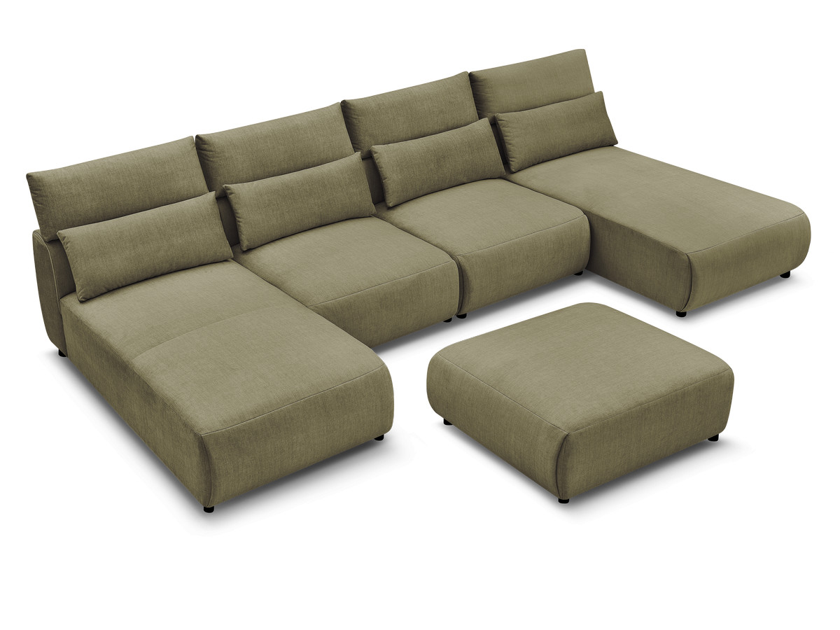 Modulaire vaste panoramabank met hoofdsteunen in JANA fluwelen stof met 2 chaise longues, 2 fauteuils en 1 grote poef