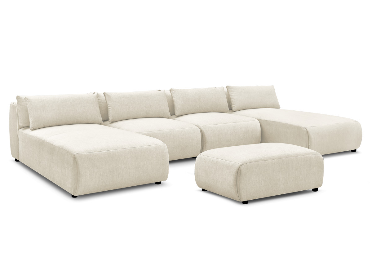 modulaire vaste panoramabank met hoofdsteunen in jana fluwelen stof met 2 chaise longues, 2 fauteuils en 1 kleine poef gekleurd beige