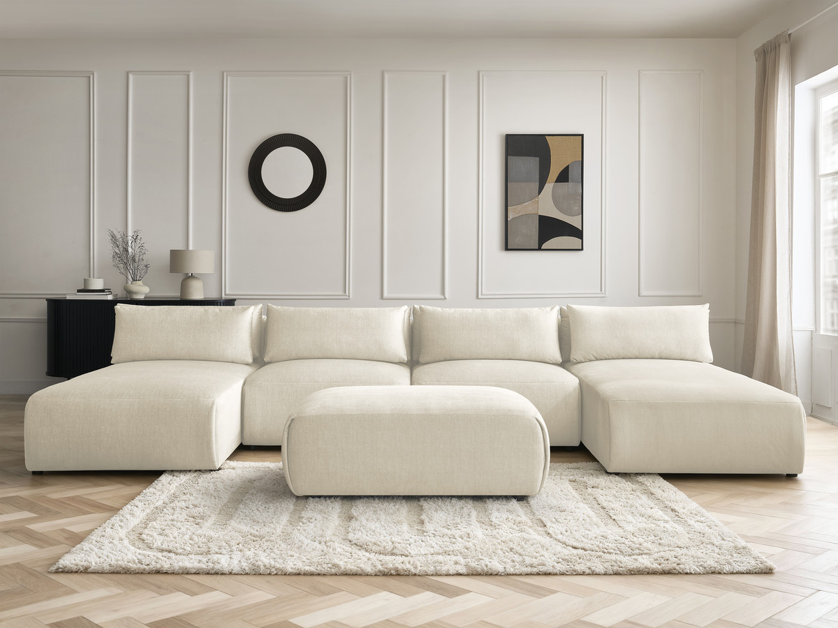 Modulaire vaste panoramabank met hoofdsteunen in JANA fluwelen stof met 2 chaise longues, 2 fauteuils en 1 kleine poef