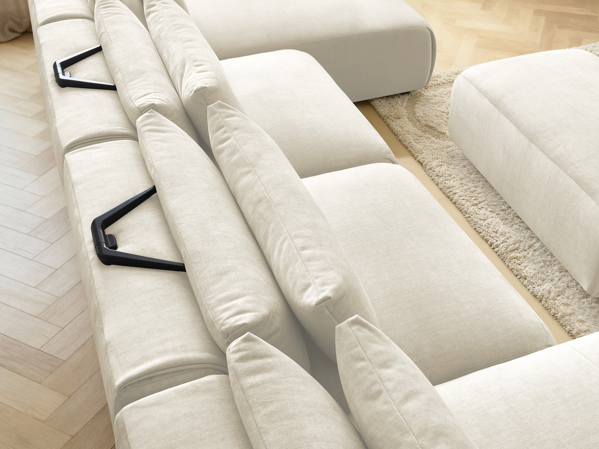 Modulaire vaste panoramabank met hoofdsteunen in JANA fluwelen stof met 2 chaise longues, 2 fauteuils en 1 kleine poef