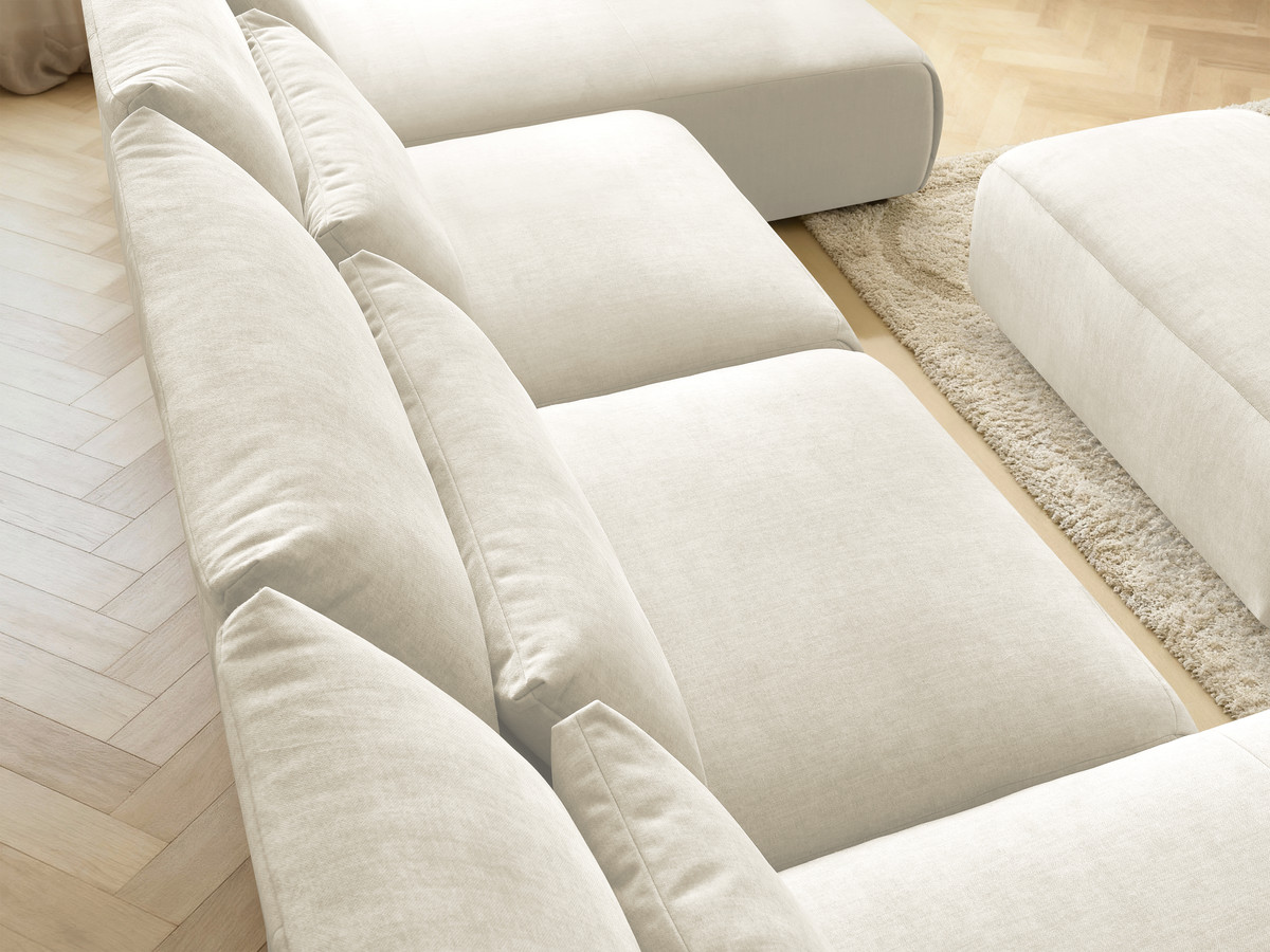 Modulaire vaste panoramabank met hoofdsteunen in JANA fluwelen stof met 2 chaise longues, 2 fauteuils en 1 kleine poef