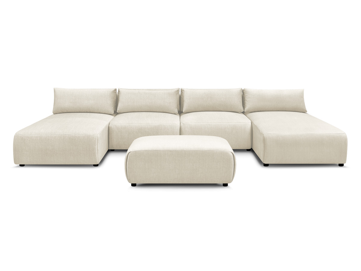 Modulaire vaste panoramabank met hoofdsteunen in JANA fluwelen stof met 2 chaise longues, 2 fauteuils en 1 kleine poef