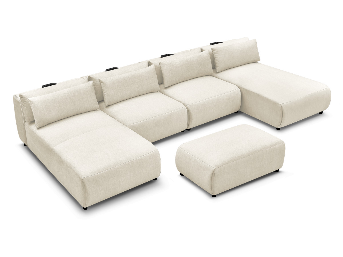 Modulaire vaste panoramabank met hoofdsteunen in JANA fluwelen stof met 2 chaise longues, 2 fauteuils en 1 kleine poef