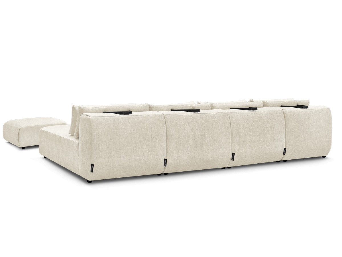 Modulaire vaste panoramabank met hoofdsteunen in JANA fluwelen stof met 2 chaise longues, 2 fauteuils en 1 kleine poef