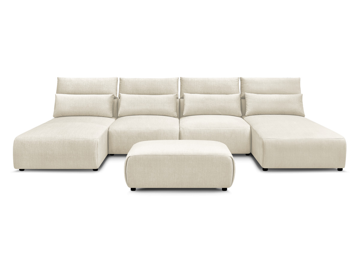 Modulaire vaste panoramabank met hoofdsteunen in JANA fluwelen stof met 2 chaise longues, 2 fauteuils en 1 kleine poef