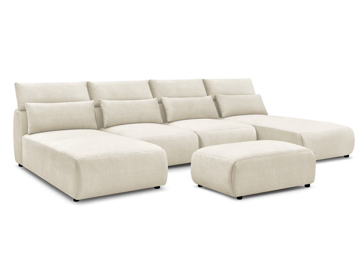 Modulaire vaste panoramabank met hoofdsteunen in JANA fluwelen stof met 2 chaise longues, 2 fauteuils en 1 kleine poef