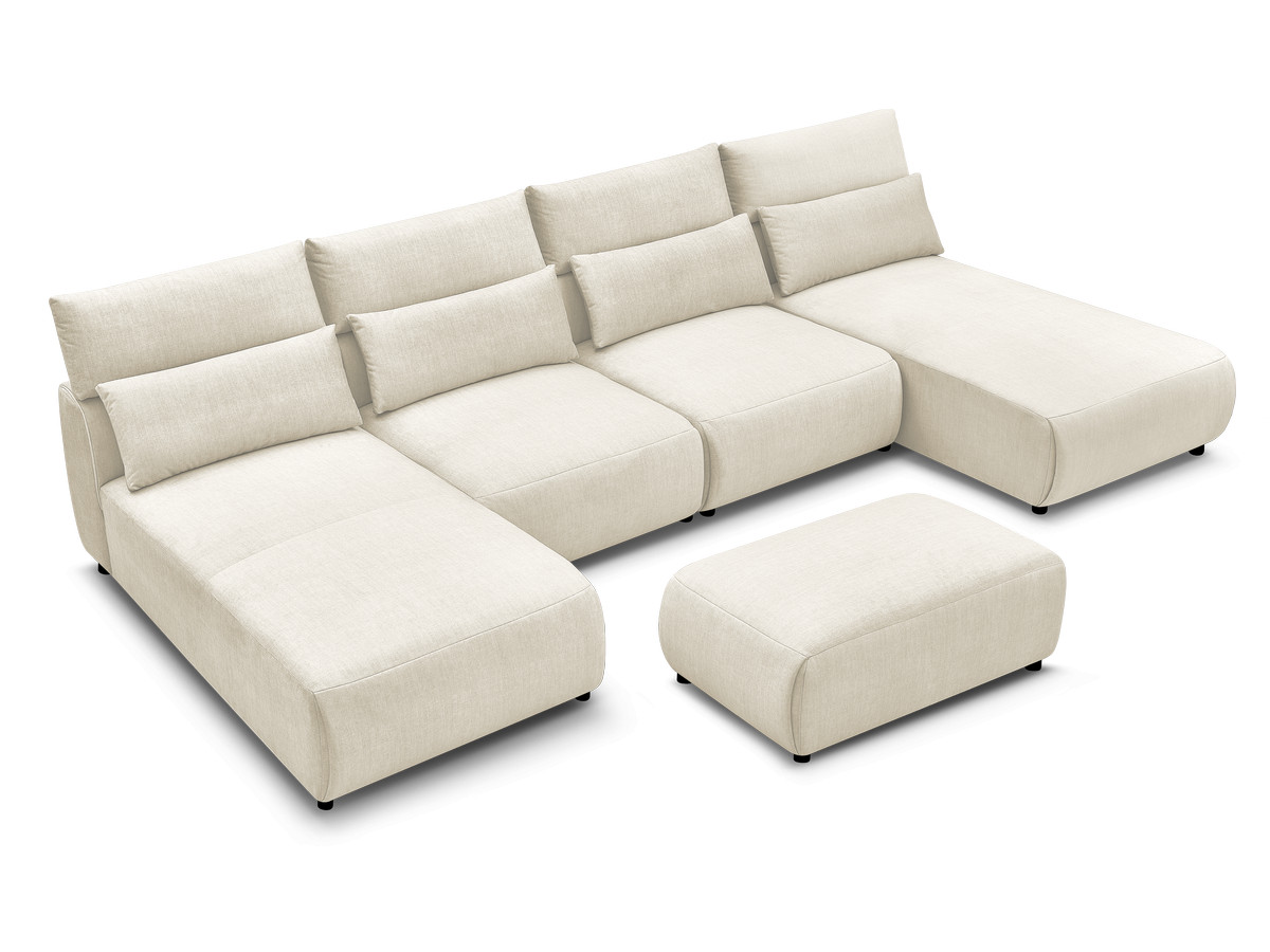 Modulaire vaste panoramabank met hoofdsteunen in JANA fluwelen stof met 2 chaise longues, 2 fauteuils en 1 kleine poef