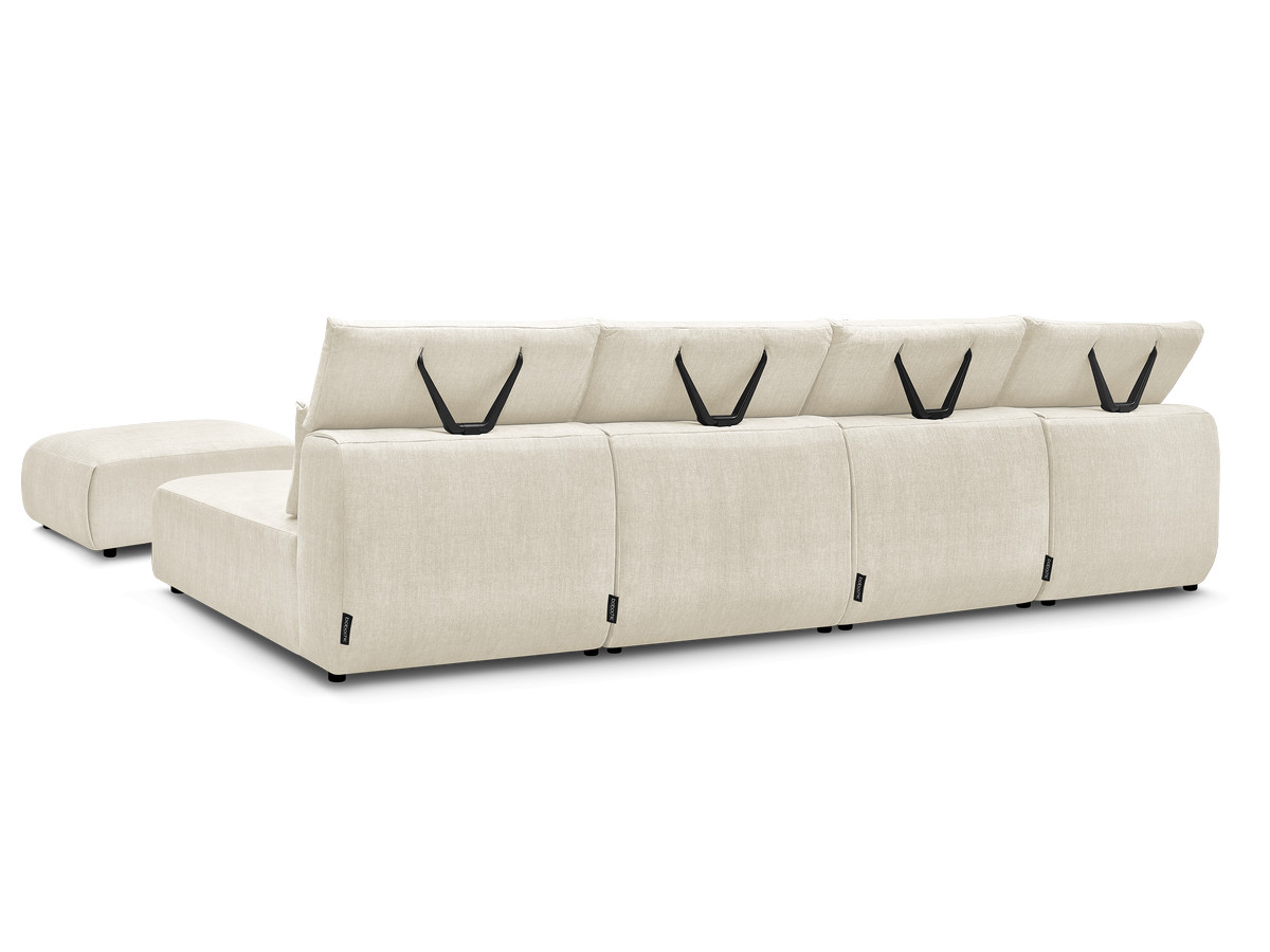 Modulaire vaste panoramabank met hoofdsteunen in JANA fluwelen stof met 2 chaise longues, 2 fauteuils en 1 kleine poef