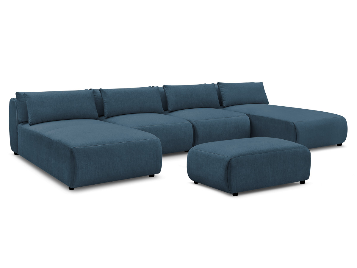 modulaire vaste panoramabank met hoofdsteunen in jana fluwelen stof met 2 chaise longues, 2 fauteuils en 1 kleine poef gekleurd blauw