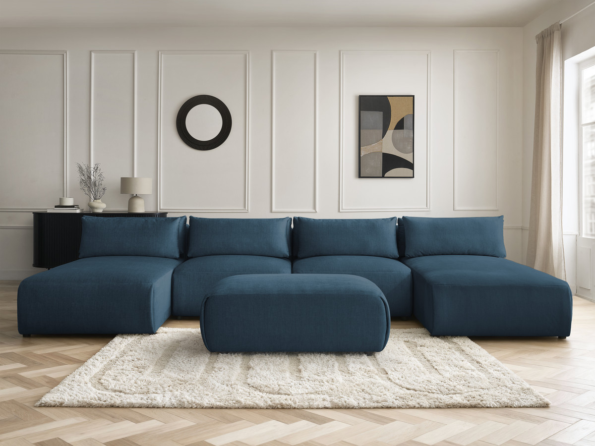 Modulaire vaste panoramabank met hoofdsteunen in JANA fluwelen stof met 2 chaise longues, 2 fauteuils en 1 kleine poef