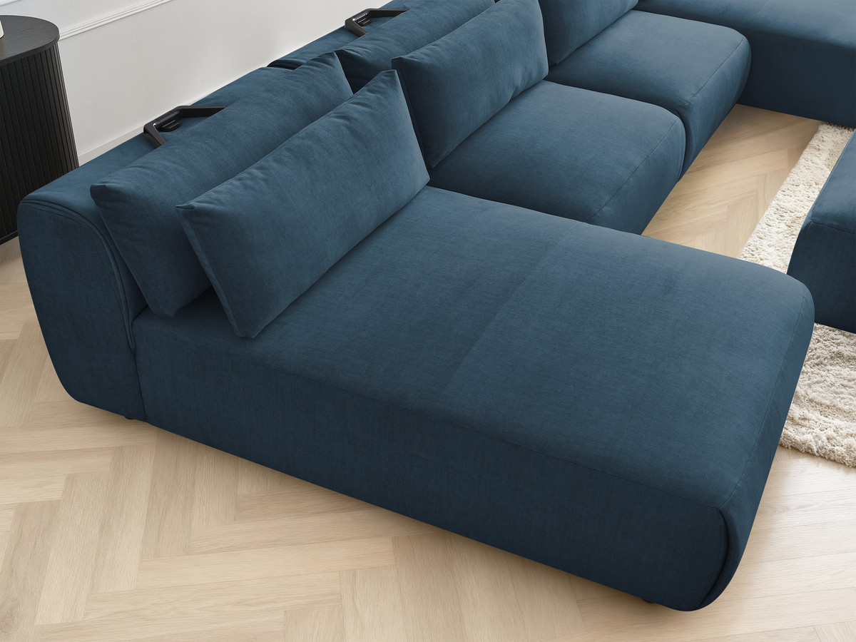 Modulaire vaste panoramabank met hoofdsteunen in JANA fluwelen stof met 2 chaise longues, 2 fauteuils en 1 kleine poef