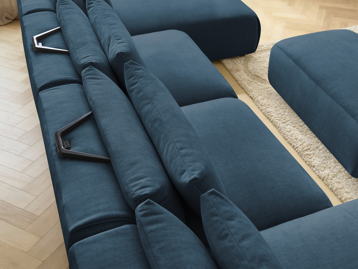 Modulaire vaste panoramabank met hoofdsteunen in JANA fluwelen stof met 2 chaise longues, 2 fauteuils en 1 kleine poef