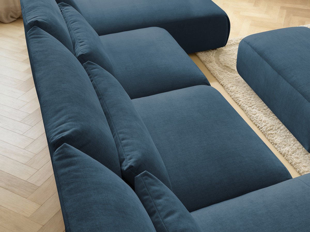 Modulaire vaste panoramabank met hoofdsteunen in JANA fluwelen stof met 2 chaise longues, 2 fauteuils en 1 kleine poef