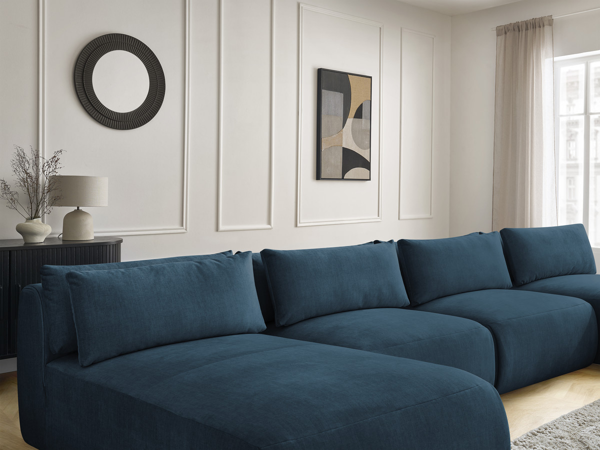 Modulaire vaste panoramabank met hoofdsteunen in JANA fluwelen stof met 2 chaise longues, 2 fauteuils en 1 kleine poef