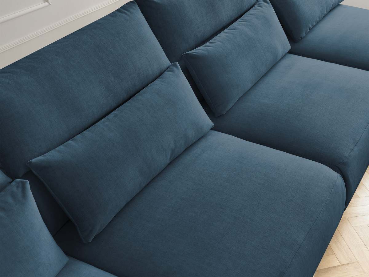 Modulaire vaste panoramabank met hoofdsteunen in JANA fluwelen stof met 2 chaise longues, 2 fauteuils en 1 kleine poef