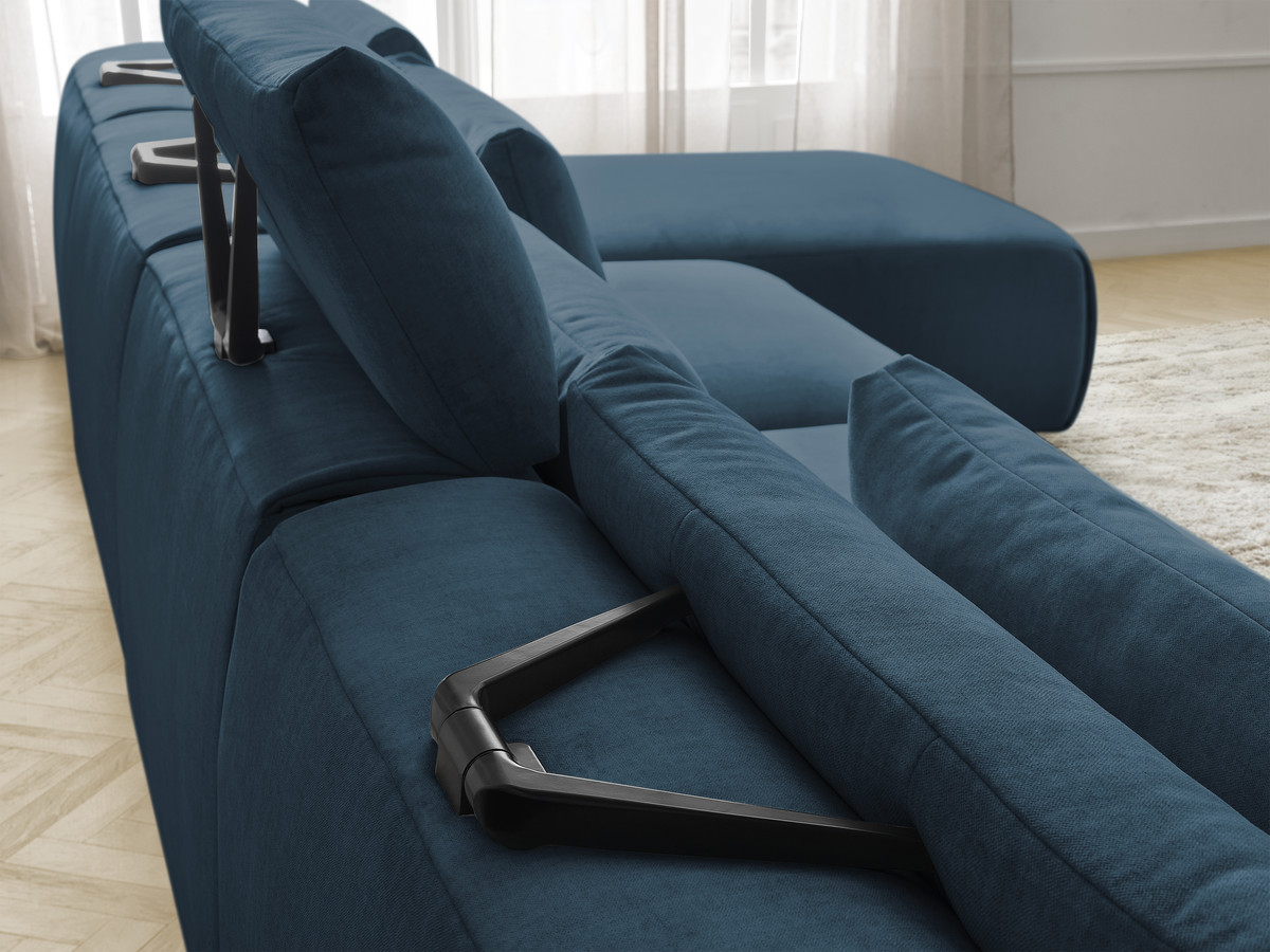 Modulaire vaste panoramabank met hoofdsteunen in JANA fluwelen stof met 2 chaise longues, 2 fauteuils en 1 kleine poef