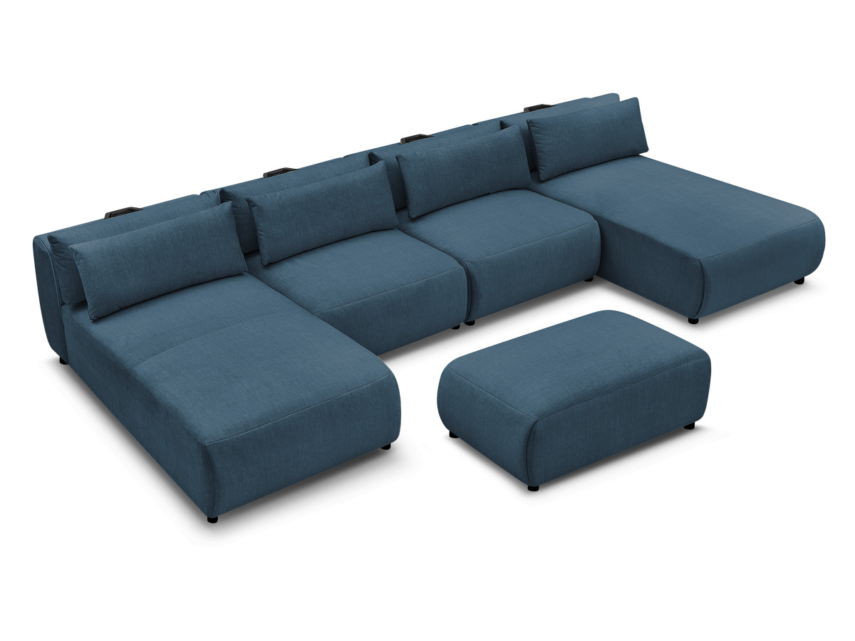 Modulaire vaste panoramabank met hoofdsteunen in JANA fluwelen stof met 2 chaise longues, 2 fauteuils en 1 kleine poef