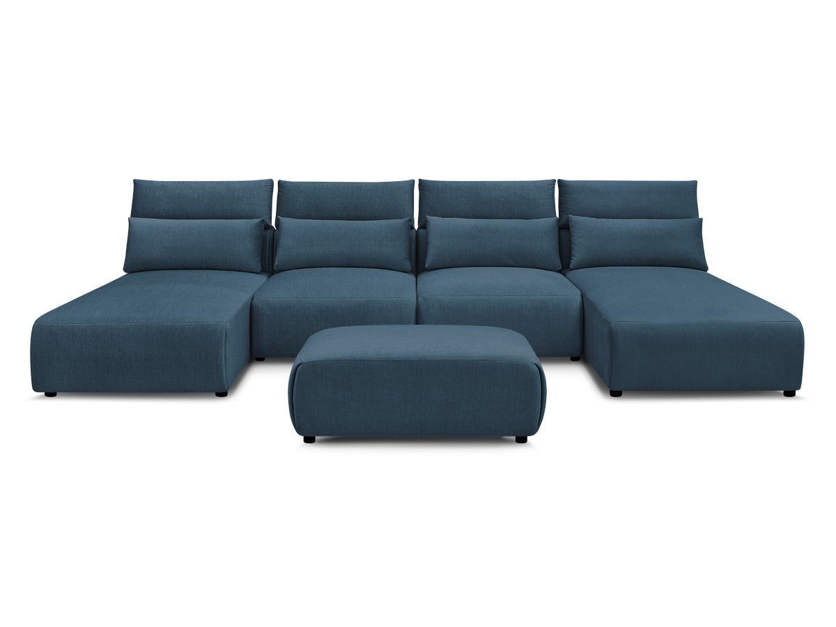 Modulaire vaste panoramabank met hoofdsteunen in JANA fluwelen stof met 2 chaise longues, 2 fauteuils en 1 kleine poef