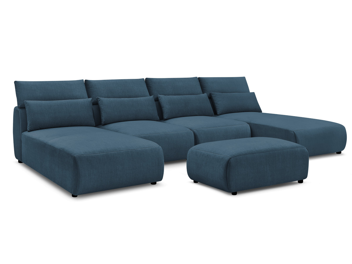 Modulaire vaste panoramabank met hoofdsteunen in JANA fluwelen stof met 2 chaise longues, 2 fauteuils en 1 kleine poef