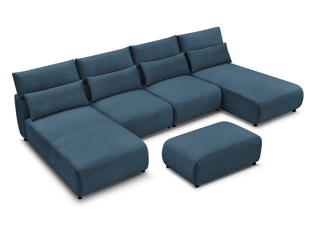 Modulaire vaste panoramabank met hoofdsteunen in JANA fluwelen stof met 2 chaise longues, 2 fauteuils en 1 kleine poef