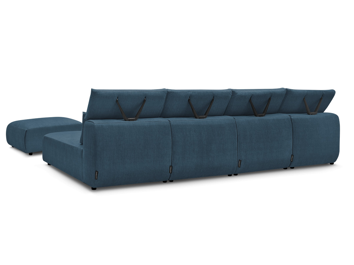 Modulaire vaste panoramabank met hoofdsteunen in JANA fluwelen stof met 2 chaise longues, 2 fauteuils en 1 kleine poef