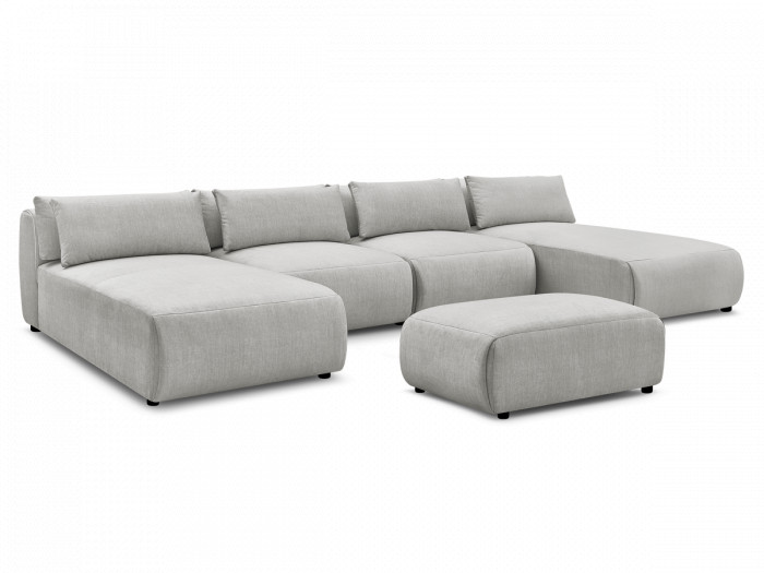 Canapé panoramique fixe modulable avec têtières JANA tissu velours avec 2 méridiennes, 2 chauffeuses et 1 petit pouf