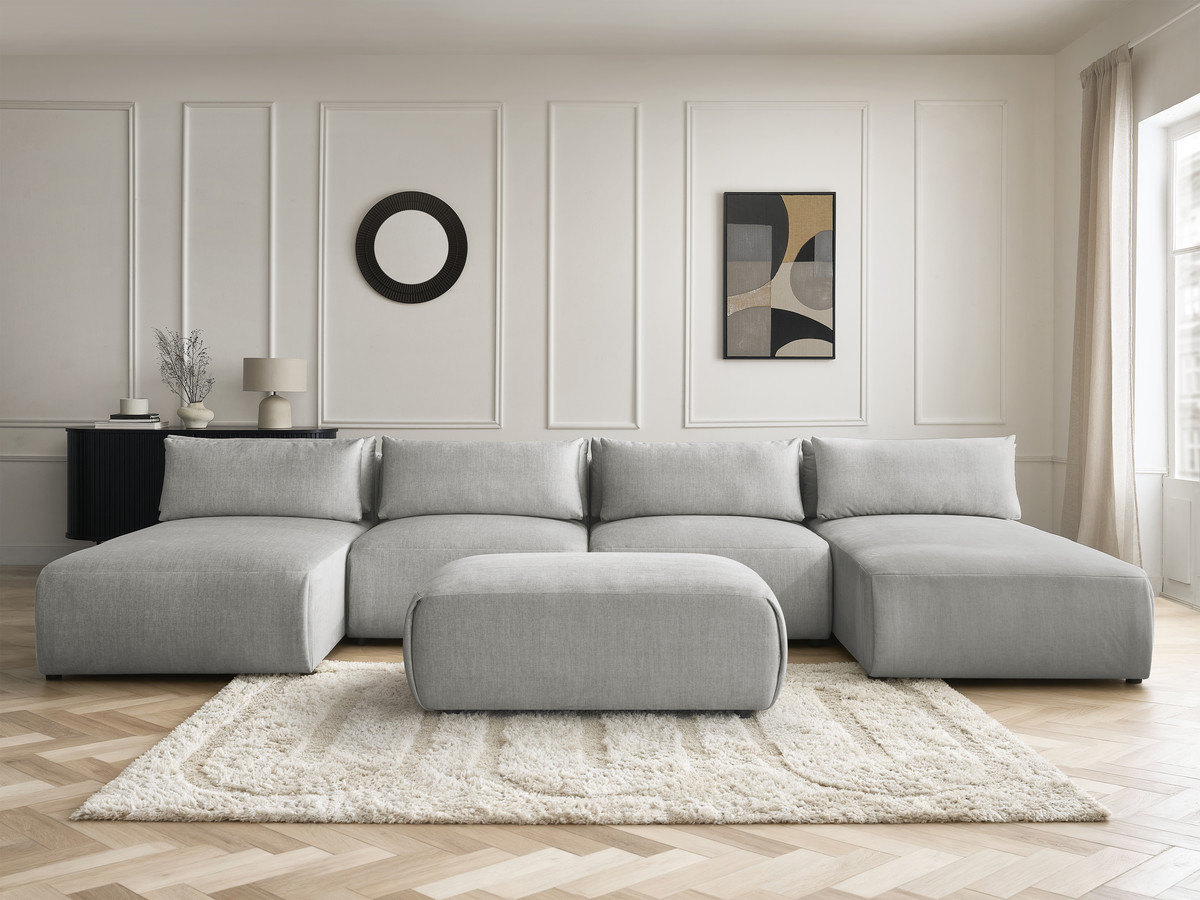 Modulaire vaste panoramabank met hoofdsteunen in JANA fluwelen stof met 2 chaise longues, 2 fauteuils en 1 kleine poef