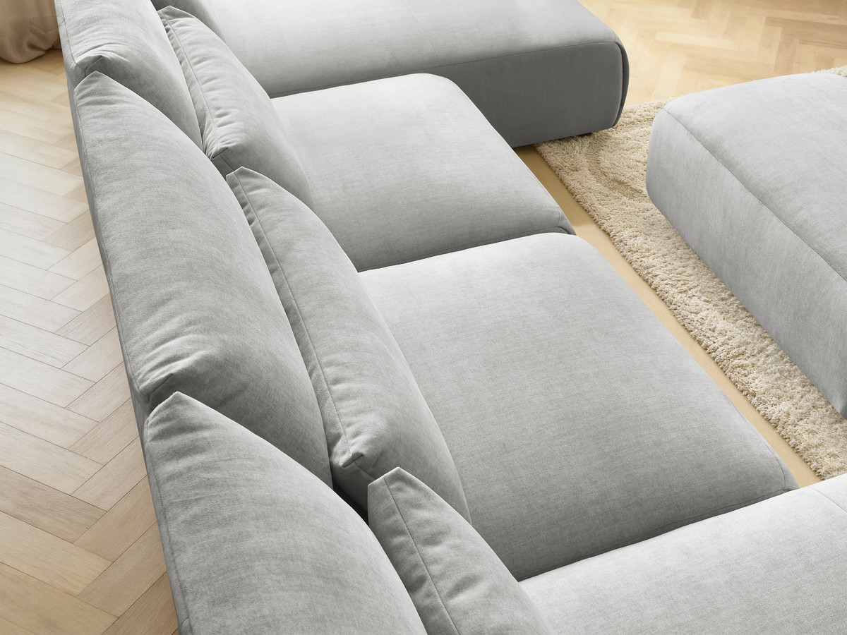 Modulaire vaste panoramabank met hoofdsteunen in JANA fluwelen stof met 2 chaise longues, 2 fauteuils en 1 kleine poef