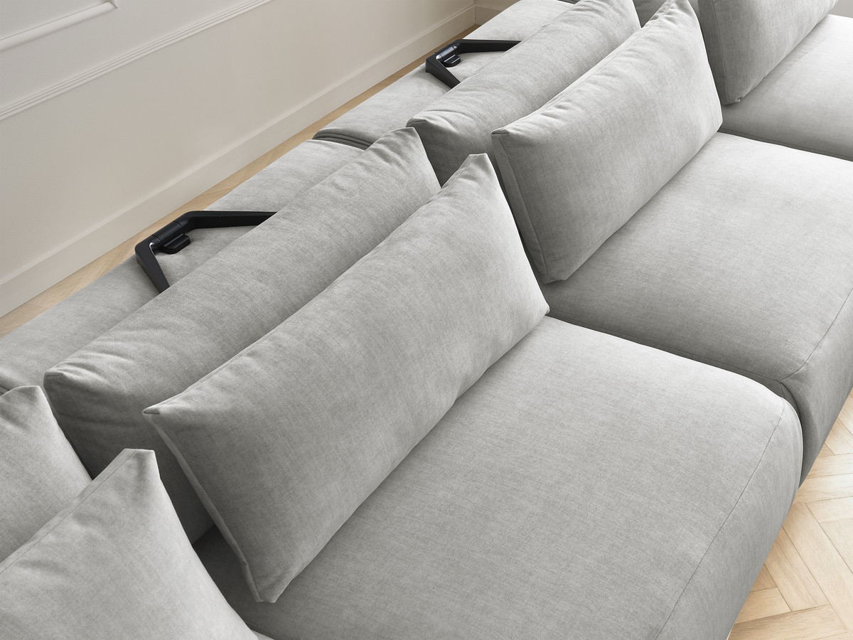 Modulaire vaste panoramabank met hoofdsteunen in JANA fluwelen stof met 2 chaise longues, 2 fauteuils en 1 kleine poef