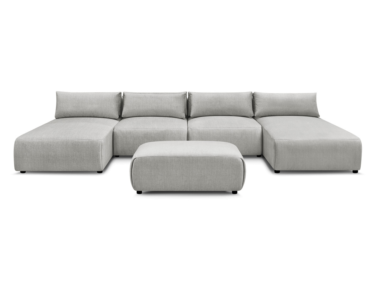 Modulaire vaste panoramabank met hoofdsteunen in JANA fluwelen stof met 2 chaise longues, 2 fauteuils en 1 kleine poef