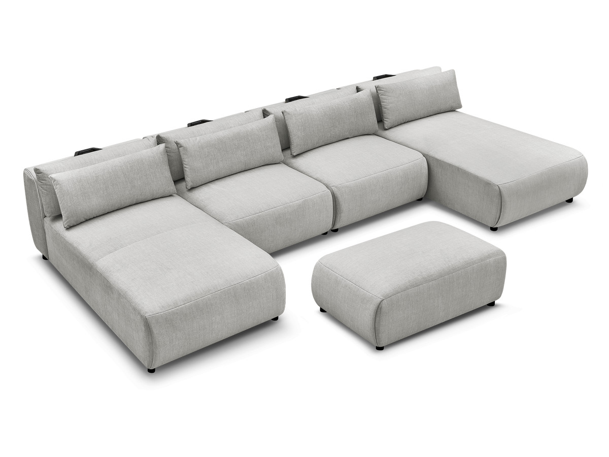 Modulaire vaste panoramabank met hoofdsteunen in JANA fluwelen stof met 2 chaise longues, 2 fauteuils en 1 kleine poef