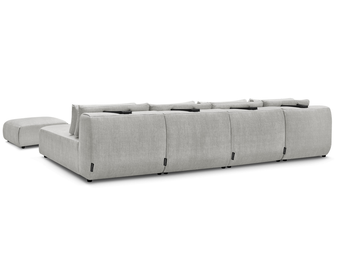 Modulaire vaste panoramabank met hoofdsteunen in JANA fluwelen stof met 2 chaise longues, 2 fauteuils en 1 kleine poef