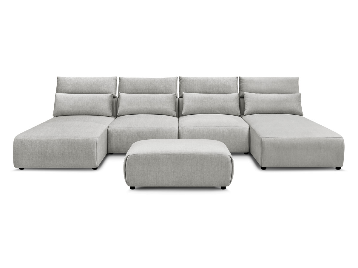Modulaire vaste panoramabank met hoofdsteunen in JANA fluwelen stof met 2 chaise longues, 2 fauteuils en 1 kleine poef
