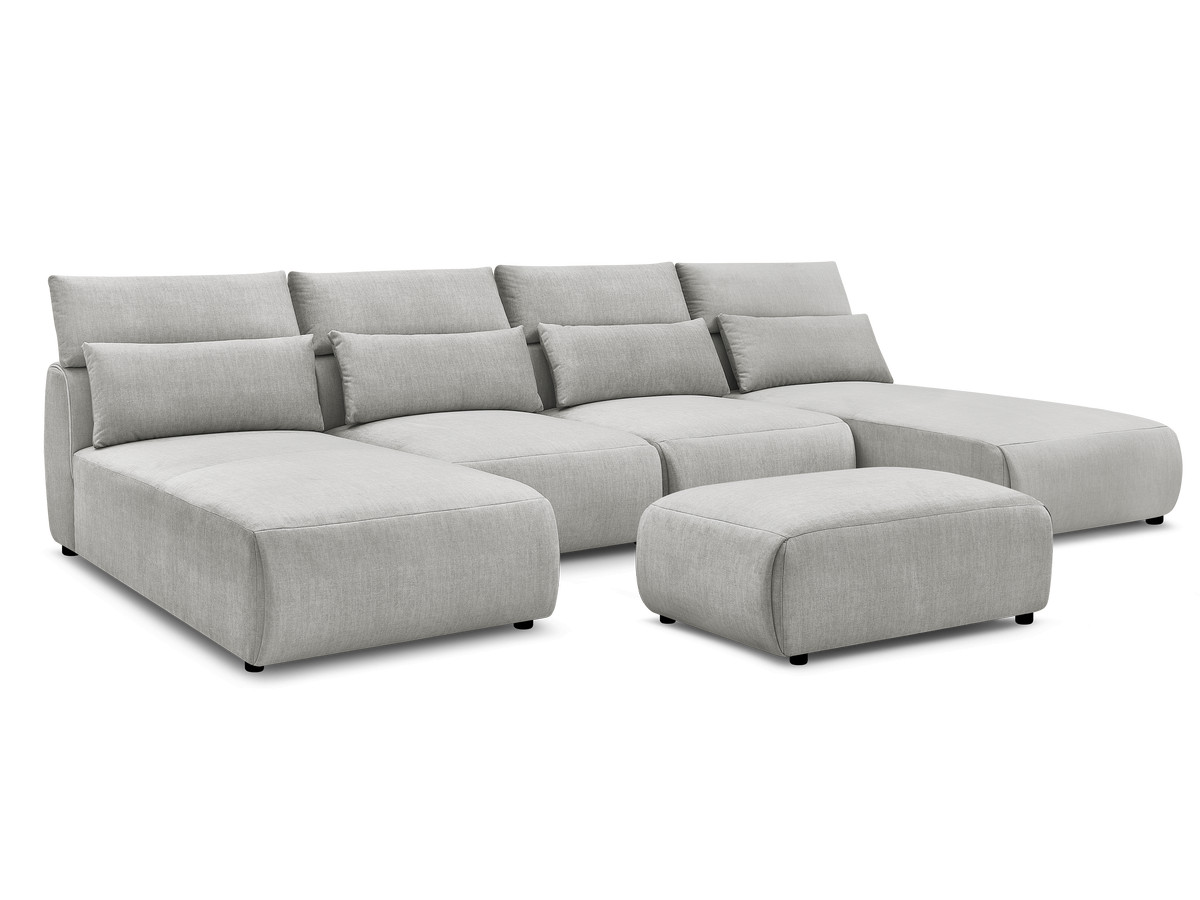 Modulaire vaste panoramabank met hoofdsteunen in JANA fluwelen stof met 2 chaise longues, 2 fauteuils en 1 kleine poef