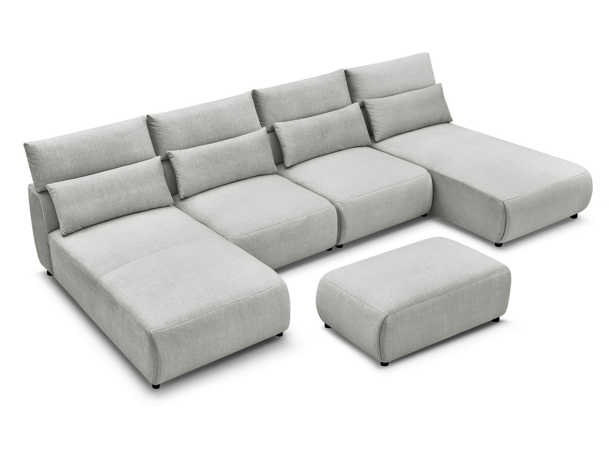 Modulaire vaste panoramabank met hoofdsteunen in JANA fluwelen stof met 2 chaise longues, 2 fauteuils en 1 kleine poef