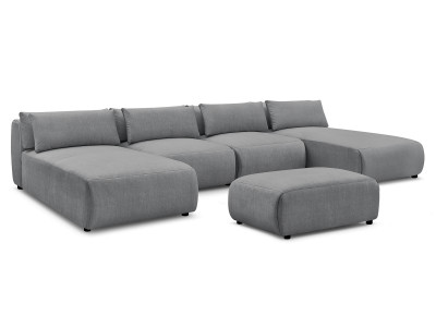 Canapé panoramique fixe modulable avec têtières JANA tissu velours avec 2 méridiennes, 2 chauffeuses et 1 petit pouf