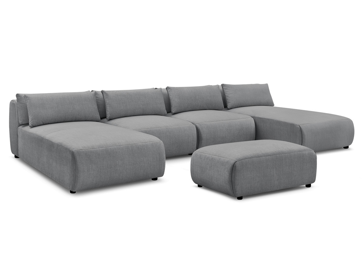 modulaire vaste panoramabank met hoofdsteunen in jana fluwelen stof met 2 chaise longues, 2 fauteuils en 1 kleine poef gekleurd donkergrijs
