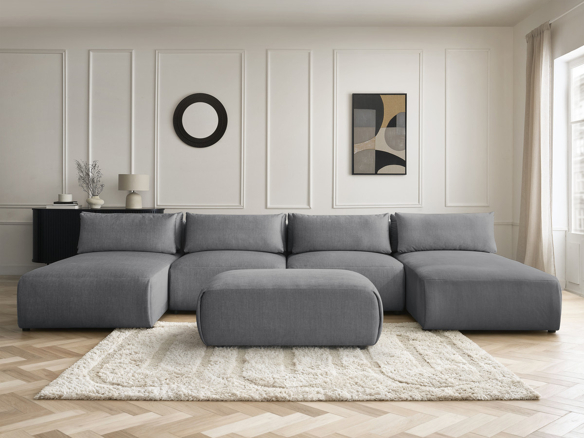 Modulaire vaste panoramabank met hoofdsteunen in JANA fluwelen stof met 2 chaise longues, 2 fauteuils en 1 kleine poef