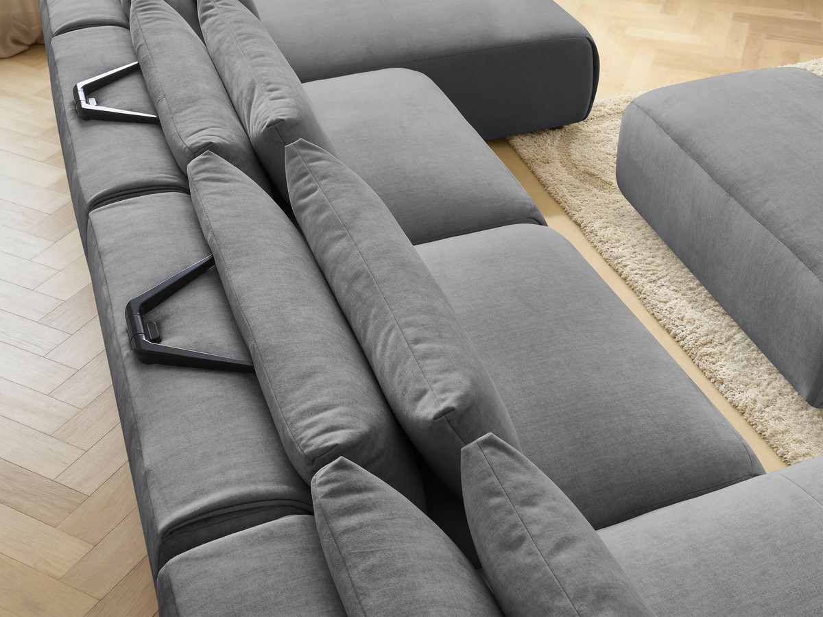 Modulaire vaste panoramabank met hoofdsteunen in JANA fluwelen stof met 2 chaise longues, 2 fauteuils en 1 kleine poef